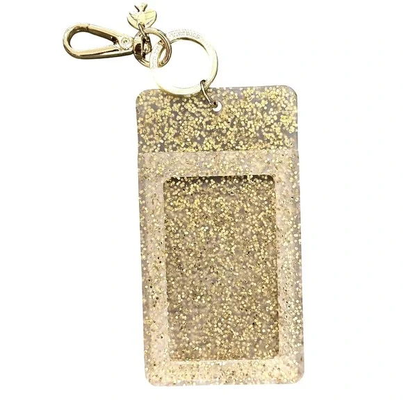 NWOT Kate Spade ID Badge Holder Keychain Gold Glitter Silicone Clip - Picture 3 of 3